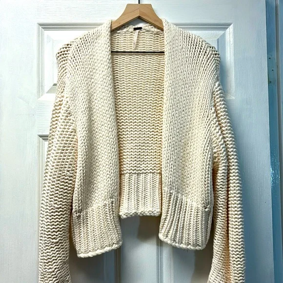 Free People Cream Chunky Knit Open front Cardigan minimalist boho