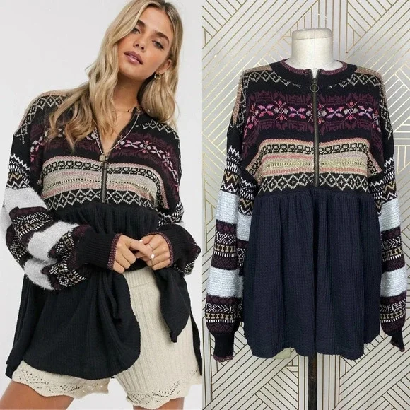 Free People Cozy Cottage Embroidered Sweater In Black Size US Small‎