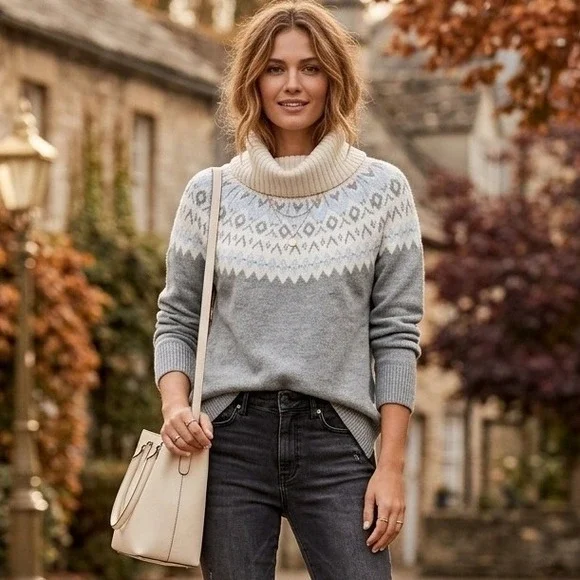 Banana‎ Republic Fair Isle Turtleneck Sweater Women Small Grey Blue Alpaca Blend