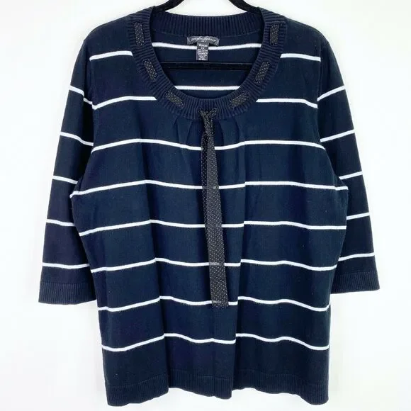 Designers Originals Striped Tie Neck Sweater Shirt Top Plus Size 2X Womens