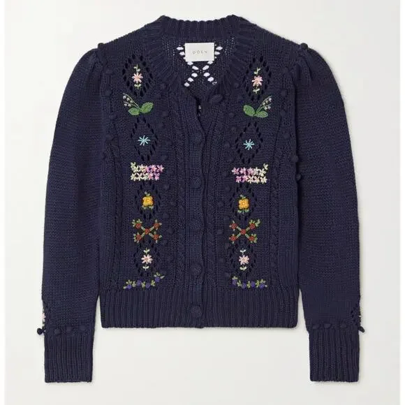 Doen Forget Me Not Cable Knit Floral Cardigan Navy Blue Size Small