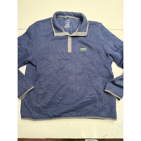 LL Bean Sweater Fleece Pullover Mens Large Blue Snap Neck 293050 Heathered Knit