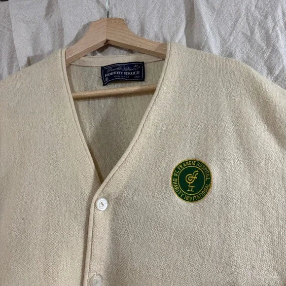 Vintage Arnold Palmer Robert Bruce Cardigan Sweater Cream XL Golf 60s 70s USA