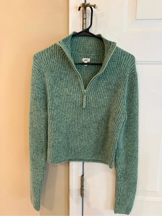 aerie Teal Ribbed Half‑Zip Turtleneck Sweater