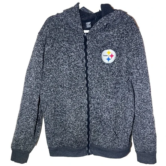Pittsburgh Steelers NFL Full Zip Up Gray Fleece Lined Hoodie Sweater Size L
