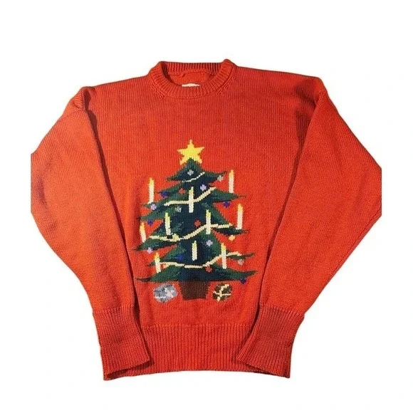 Vintage Christmas Tree Sweater IntarsiMens Large Merino Wool Holiday Pullover UK