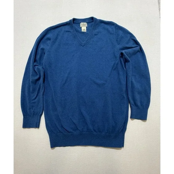 LL Bean Sweater Mens Large Tall Blue Cotton Cashmere V Neck Pullover