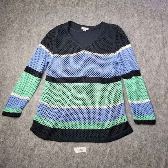 croft‎ and barrow women sweater xl open knit blue lined Striped Pullover