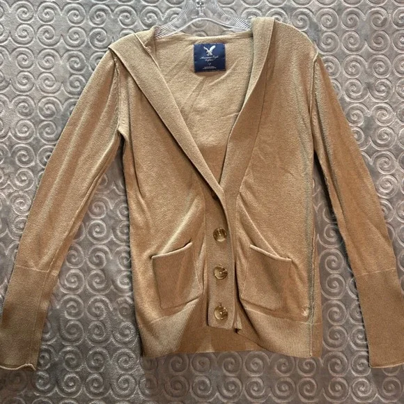 AmericanEagleOutfitters‎ Tan HoodedCardiSweater S Small V Neck Button Front