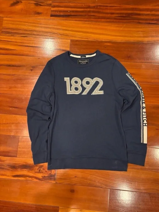 Abercrombie & Fitch Navy Crewneck Sweater with 1892 Chest Graphic