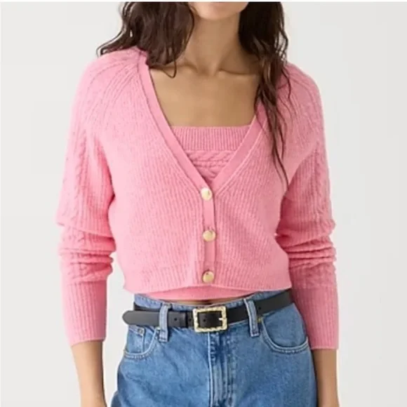 NEW J.Crew Supersoft cropped cable-knit sweater-tank set Size M Hthr Sorbet
