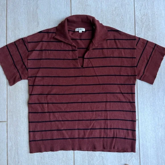 Max Studio London Burgundy Black Striped Polo Sweater Knit Top S