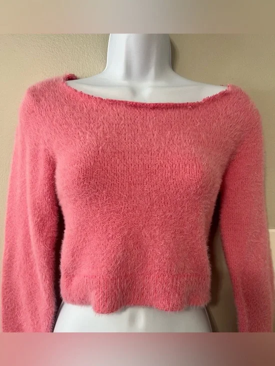 Urban Outfitters Fuzzy Pink Cropped Sweater Coquette Fairycore Raw Hem