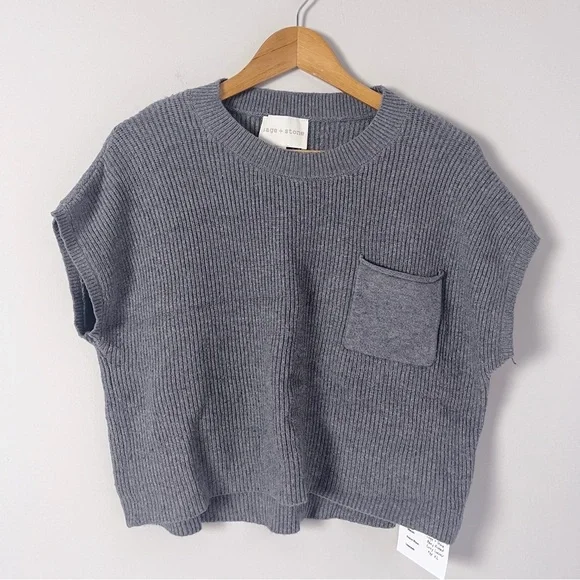 2/$30 Sage + Stone Gray Ribbed Boxy Knit Short Sleeve Sweater XL