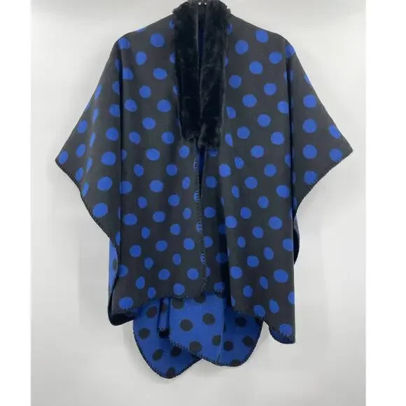 Loft Poncho Cardigan Faux Fur Trim Reversible Blue Black Polka Dots NEW Medium