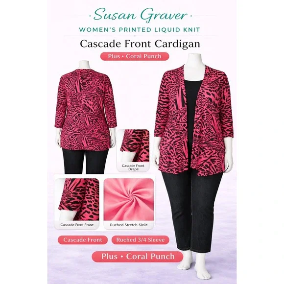Susan Graver 2X Liquid Knit Cascade Front‎ Cardigan Coral Punch Pink Black 3/4
