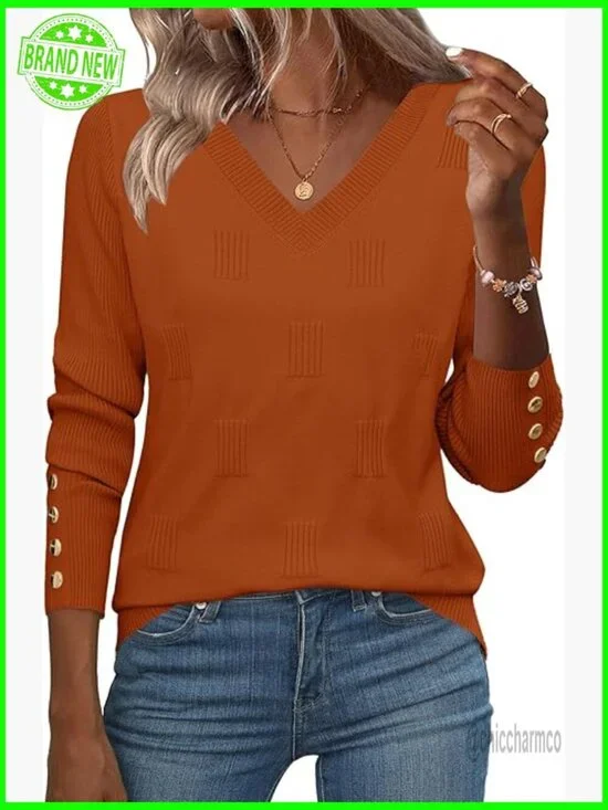 Lightweight Ribbed Knit Pullover Sweater with V-Neck and Button Cuffs