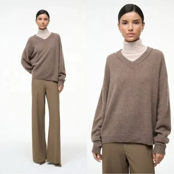 STAUD Cashmere V neck sweater in taupe