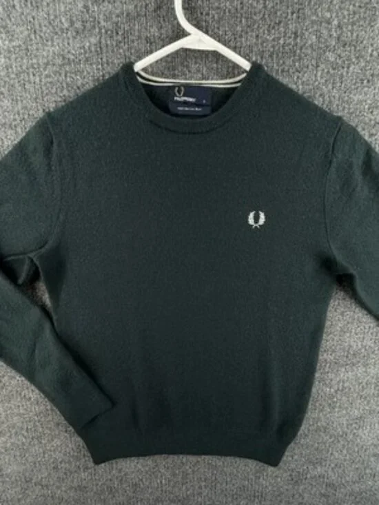 Fred Perry Men Small Pullover Green Crew Neck Wool Logo Sweater Preppy Solid