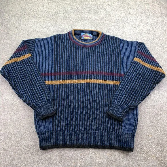 Vintage Weekends Sweater Mens Large Blue Striped Knit Crewneck Pullover Korea