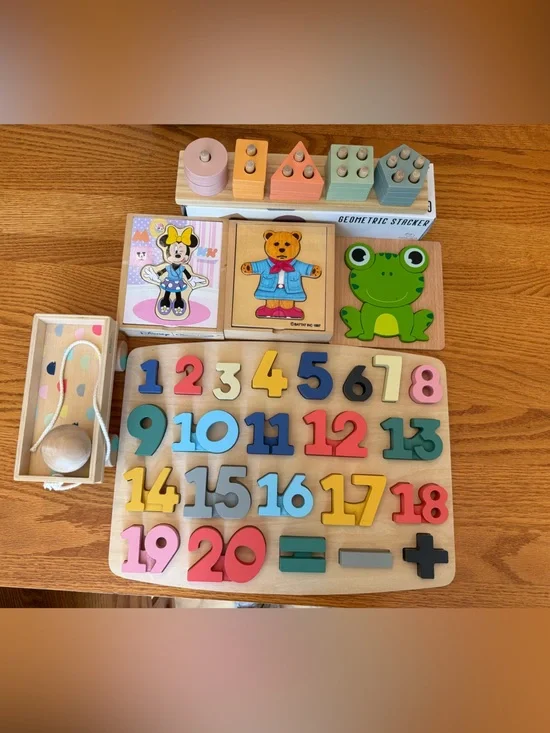 Children’s wooden toys puzzle numbers wagon stackable shapes ball toddler Minnie