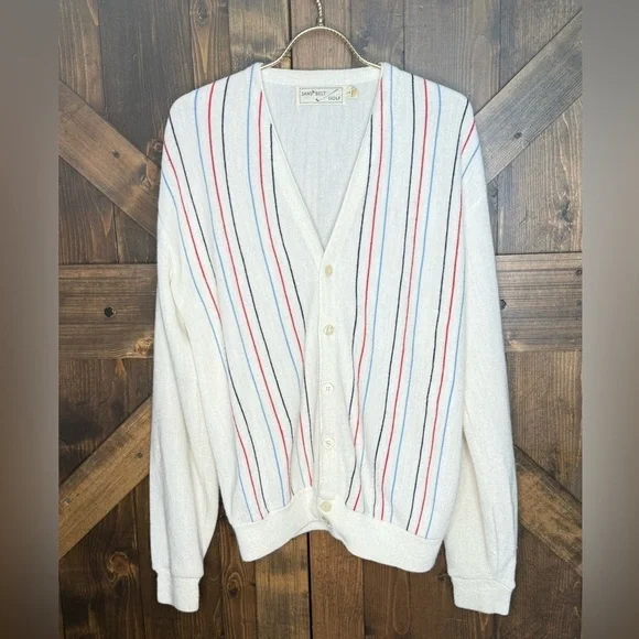 Vintage 70s Sandbelt Golf Cardigan Vertical Stripes Button Down Cardigan Size L