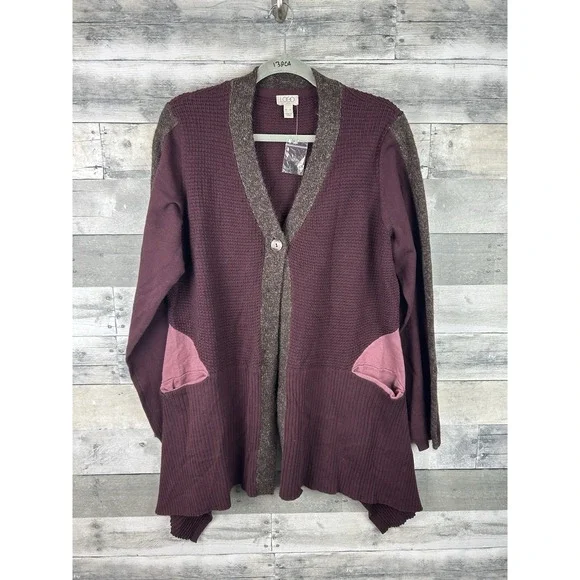 LOGO Lori Goldstein XL One Button Waffle Knit Cardigan
