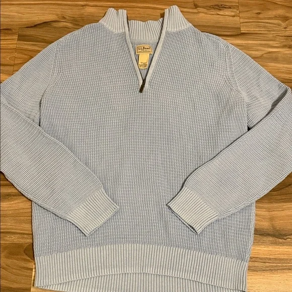 LL Bean Sweater Men’s L Organic Cotton Waffle Knit Quarter Zip Blue Cabincore