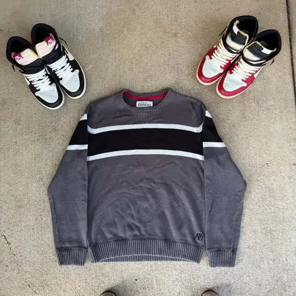 Aeropostale Men's Gray Black and White Striped Crewneck Knit Sweater XL