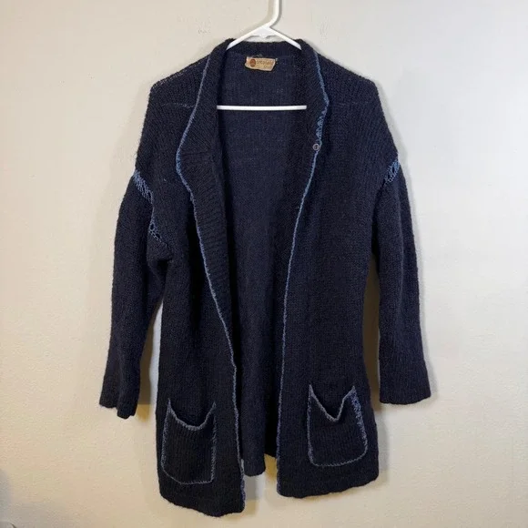 Antonella Tricot Vintage Mohair Wool Cardigan Navy Blue Crochet Trim Made‎ Italy