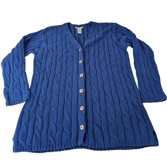 Talbots Cable Knit Cardigan Womens Size Medium Blue 100% Cotton V Neck Sweater