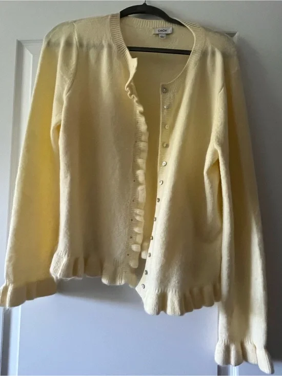 CeCe Pale Butter Yellow Ruffle-Trim Button Cardigan