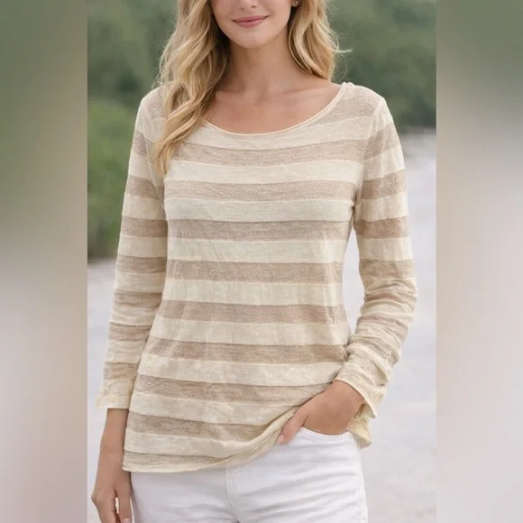 Tory Burch Metallic Stripe Knit Top Women’s M Beige Ivory 3/4 Sleeve NWT