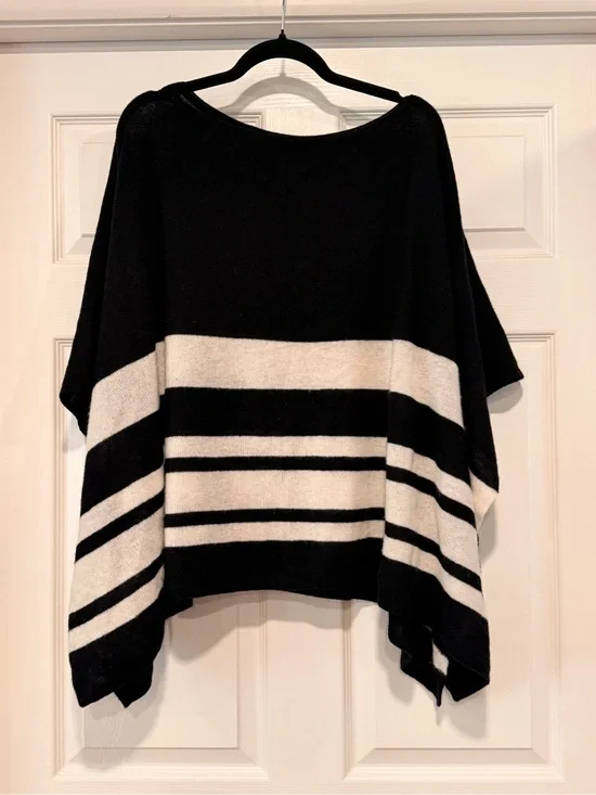 J. Crew Black & White Striped Cashmere & Merino Wool Blend Sweater Poncho #458