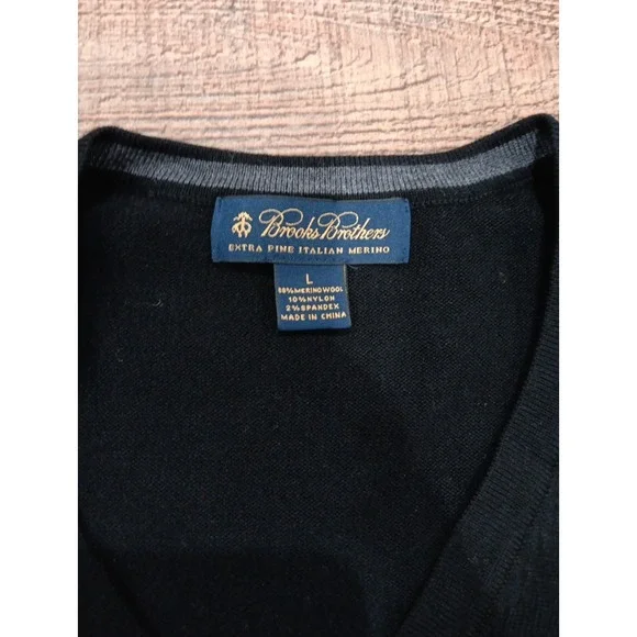 Brooks Brothers Sweater Black V Neck Fine Italian‎ Merino Wool Sz L 2635