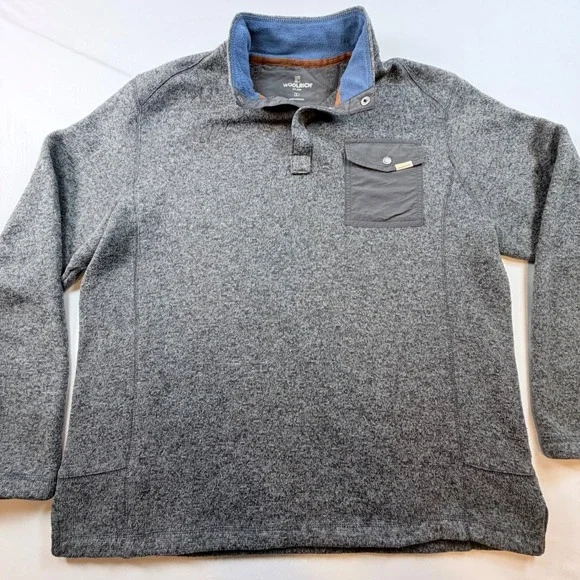 Woolrich Fleece Pullover Mens L Gray Snap Neck Utility Pocket Sweater Outdoor