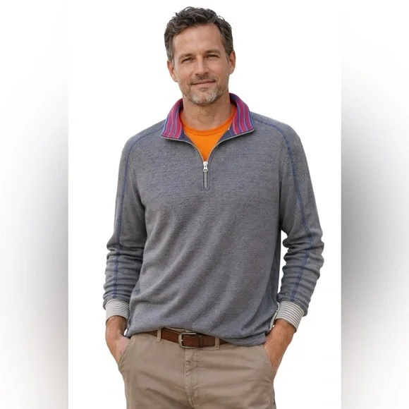 Robert Graham Men's 1/4 Zip Pullover Striped Knit Blue XXL Golf Office