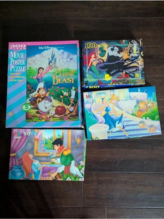 Lot of 4 Vintage Girls Jigsaw Puzzles Complete MB Belle Princess Little Mermaid