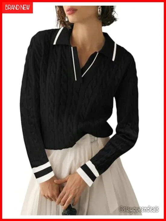 Lapel V Neck Cable Knit Pullover Sweater Long Sleeve Soft Jumper