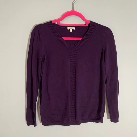 Talbots Petite Purple V-Neck 100%‎ Cotton Sweater Ribbed Chevron Detail SP