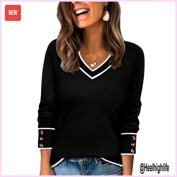 Lightweight V-Neck Pullover Sweater with Decorative Button Cuffs