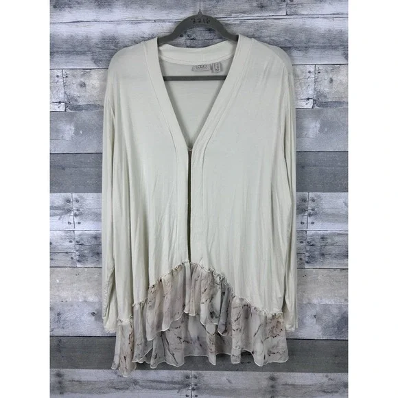 LOGO Lori Goldstein Cardigan Sweater Printed Trim Plus Size 1X Pearl Ivory