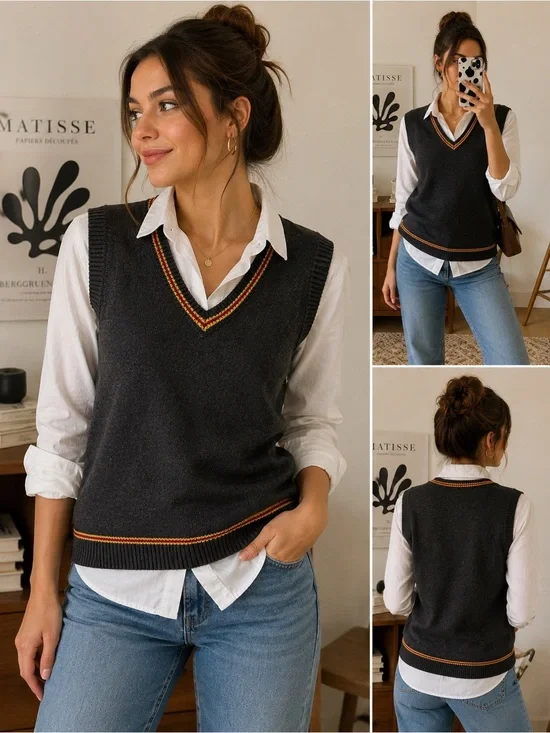 Dark Academia Preppy Knit Sweater Vest Gray V-Neck XS New