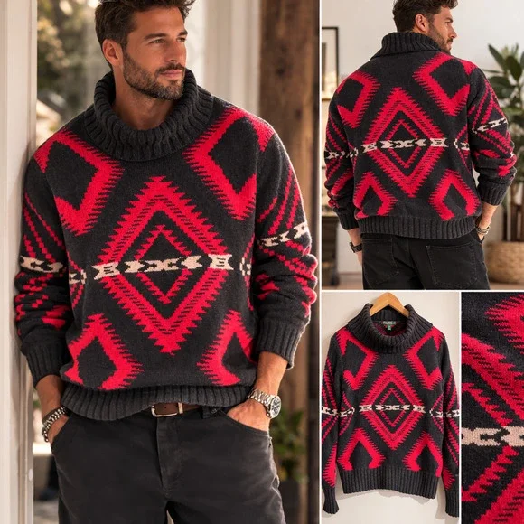 Vintage Ralph Lauren Southwestern Aztec Turtleneck Sweater red black Mens L
