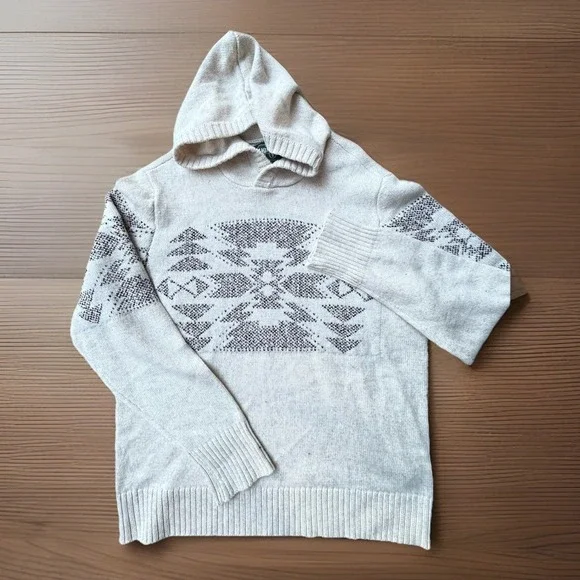 Vintage American‎ Eagle Sweater Mens L Beige Aztec Knit Hooded Fair Isle Thick