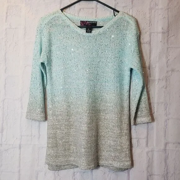 PECK & PECK Sequined Lightweight Ombre Pullover Sweater Petite Small