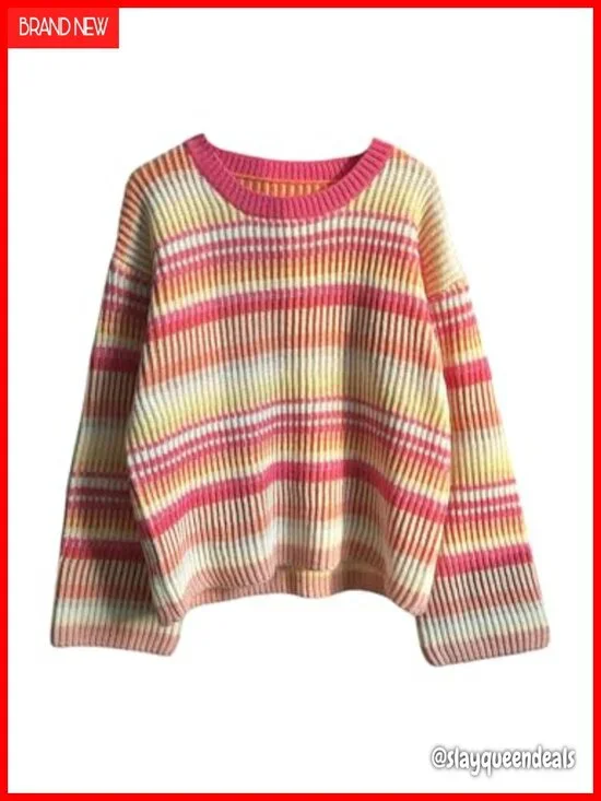 Striped Color Block Pullover Sweater Drop Shoulder Rib Knit Tunic Long Sleeve
