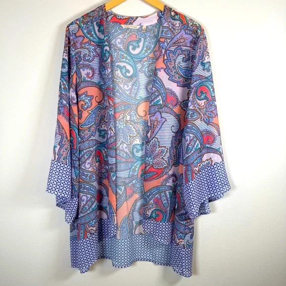 Soft Surroundings Mixed Media Print Open Front Semi Sheer Kimono Cardigan‎ Large