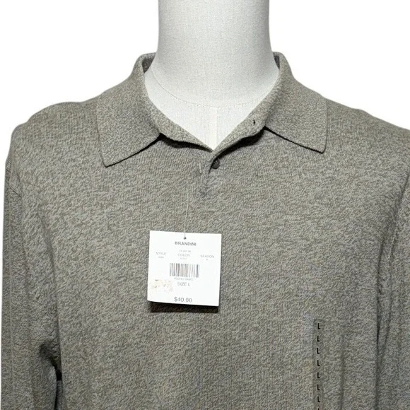 Brandini Sweater‎ Mens Large Tan Polo Pullover Long Sleeve Marl Knit Cotton