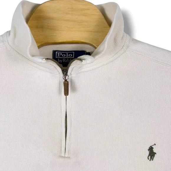 Polo Ralph Lauren Quarter Zip Mens XXL Cream Ribbed Pullover Sweater Green Pony